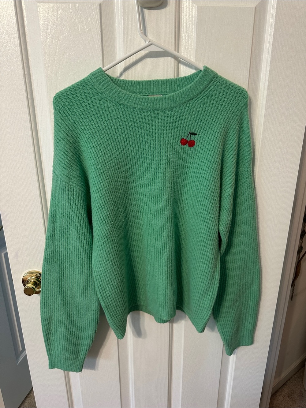 a new day Mint Green Crewneck Sweater with Cherry Embroidery